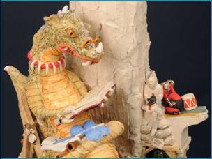 Malcolm Law Ceramics
George & the Dragon Retired Ceramic Sculpture
Stoneware, T Material, with underglaze colours and gold and platinum lustre. Height 60 cms 
�Malcolm Law 2013
