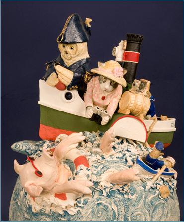 Malcolm Law Ceramics
The Owl and The Pussycat Ceramic Sculpture
Stoneware, T Material and craft crank, underglaze colours plus gold and platinum lustre. Height 60 cms 
�Malcolm Law