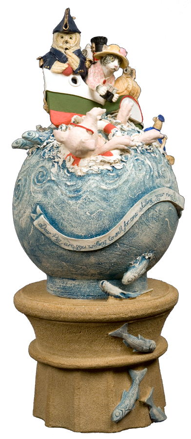 Malcolm Law Ceramics
The Owl and The Pussycat Ceramic Sculpture
Stoneware, T Material and craft crank, underglaze colours plus gold and platinum lustre. Height 60 cms 
�Malcolm Law