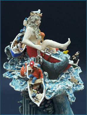 Malcolm Law Ceramics
Neptune taking a Bath Ceramic Sculpture
Stoneware, T Material, with underglaze colours and gold and platinum lustre. Height 45 cms 
�Malcolm Law