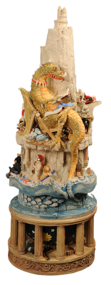 Malcolm Law Ceramics
George & the Dragon Retired Ceramic Sculpture
Stoneware, T Material, with underglaze colours and gold and platinum lustre. Height 60 cms 
�Malcolm Law 2013
