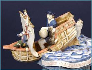 Malcolm Law Ceramics
Columbus discovering the edge of the World, Ceramic Sculpture
Stoneware, T Material, underglaze colours plus gold and platinum lustre. Height 41 cms 
�Malcolm Law