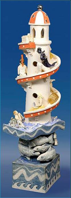 Malcolm Law ceramics
Helter Skelter Nautical, Ceramic Sculpture
Stoneware, T Material, underglaze colours plus gold and platinum lustre. Height 47 cms 
Malcolm Law
