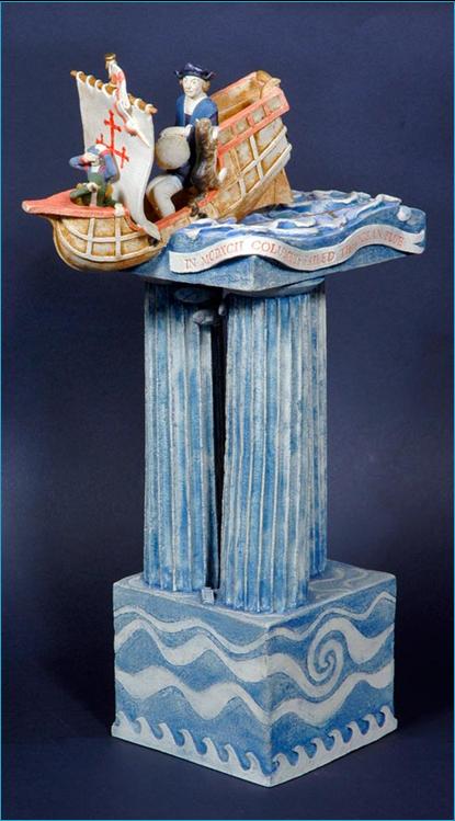 Malcolm Law Ceramics
Columbus discovering the edge of the World, Ceramic Sculpture
Stoneware, T Material, underglaze colours plus gold and platinum lustre. Height 41 cms 
Malcolm Law