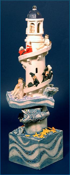 Malcolm Law ceramics
Helter Skelter Legal, Ceramic Sculpture
Stoneware, T Material, underglaze colours plus gold and platinum lustre. Height 47 cms 
Malcolm Law