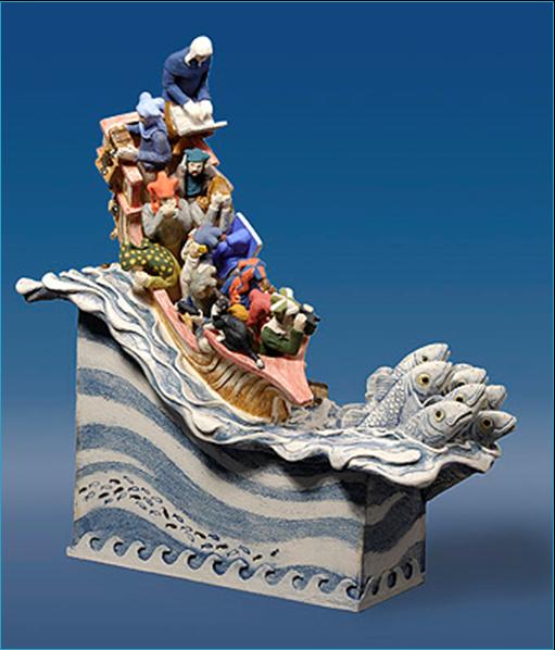 Malcolm Law Ceramics
Ship of Fools, Ceramic Sculpture
Stoneware, T Material, underglaze colours plus gold and platinum lustre. Height 31 cms
©Malcolm Law